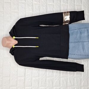 SAM EDELMAN Black Hooded Sweatshirt with Asymmetrical Sequin Detail on S…